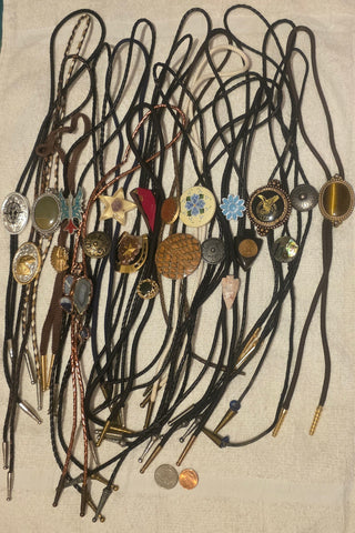 Vintage Lot of 22 Metal Bolo Ties, Nice Designs, Stones, Horseshoe, Turquoise, Native, More
