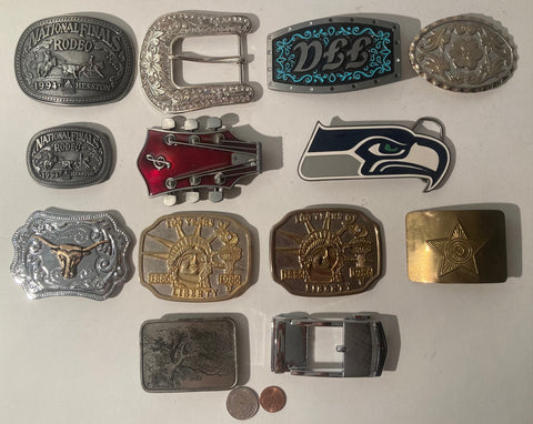 Vintage Lot of 13 Assorted Different Belt Buckles, Seahawks, Hesston, Guitar, Country & Western, Art, Resell, For Belts, Fashion, Shelf Display, Nice Belt Buckles, Wholesale