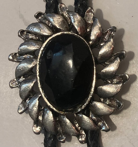 Vintage Metal Bolo Tie, Nice Black Onyx Stone Design, Nice Western Design, 2" x 1 3/4", Quality, Heavy Duty, Made in USA, Country & Western, Cowboy, Western Wear, Horse, Apparel, Accessory, Tie, Nice Quality Fashion, Free Shipping in the U.S.