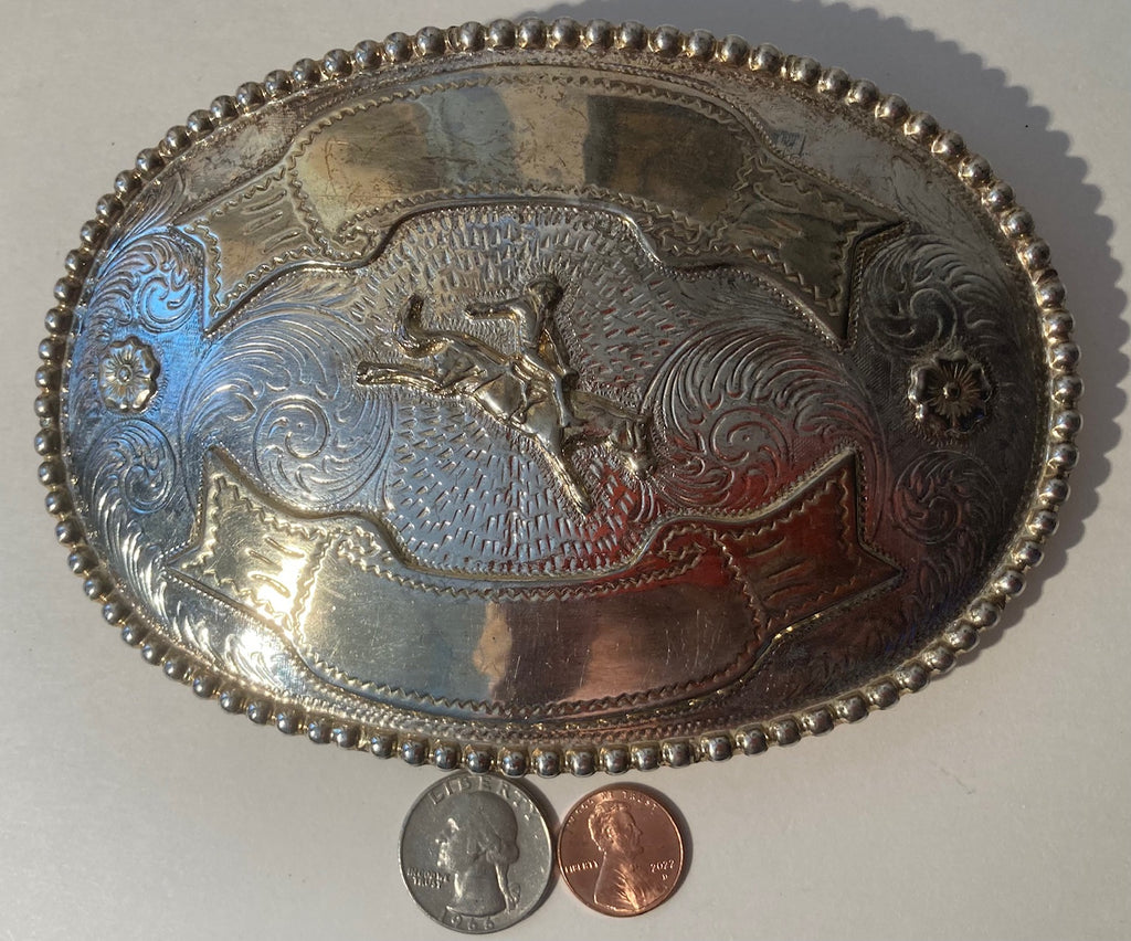 Vintage Metal Belt Buckle, Silver, Bronco Busting, Riding, Big Size, Nice Western Design, 6 1/4" x 4 1/4", Heavy Duty, Quality, Made in Mexico, Thick Metal, For Belts, Fashion, Shelf Display, Western Wear, Cowboy, Rodeo, Southwest, Country, Fun, Nice