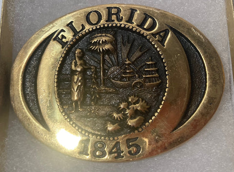 Vintage Metal Belt Buckle, Brass, Florida State Seal, Southwest Bank, Nice Design, 3 1/2" x 2 1/2", Heavy Duty, Quality, Thick Metal, Made in USA, Rodeo, For Belts, Fashion, Shelf Display, Western Wear, Southwest, Country