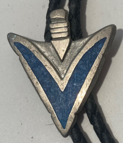 Vintage Metal Bolo Tie, Arrowhead, Nice Silver With Blue Turquoise Crushed Stones Design, Nice Design, 1 3/4" x 1 1/2", Quality, Heavy Duty, Made in USA, Country & Western, Cowboy, Western Wear, Horse, Apparel, Accessory, Tie, Nice Quality Fashion