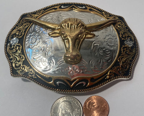 Vintage Metal Belt Buckle, Silver and Brass, Bull, Longhorn, Steer, Nice Western Design, 4 1/4" x 3", Heavy Duty, Quality, Thick Metal, For Belts, Fashion, Shelf Display, Western Wear, Cowboy, Rodeo, Southwest, Country, Fun, Nice
