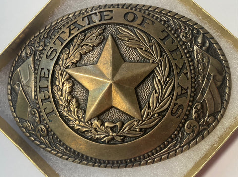 Vintage Metal Belt Buckle, Solid Brass, Tony Lama, The Great State of Texas, Nice Western Design, 3 3/4" x 2 3/4", Heavy Duty, Made in USA, Quality, Thick Metal, For Belts, Fashion, Shelf Display, Western Wear, Cowboy, Rodeo, Southwest, Country, Fun, Nice