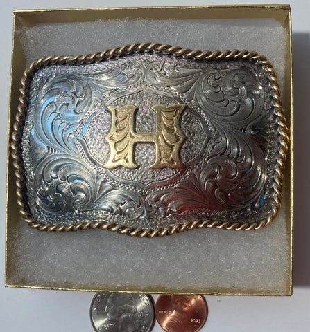 Vintage Metal Belt Buckle, Silver and Brass, Letter H, Initial H,