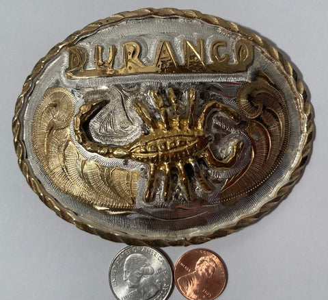 Vintage Metal Belt Buckle, Nice Silver and Brass Design, Durango, Scorpion, Nice Design, 4" x 3", Heavy Duty, Quality, Thick Metal, For Belts, Fashion, Shelf Display, Western Wear, Southwest, Country, Fun, Nice