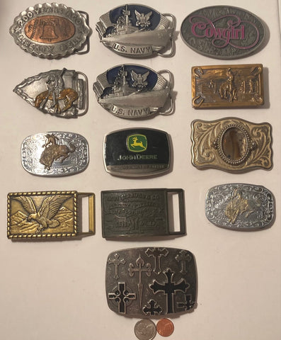 Vintage Lot of 13 Nice Western Style Belt Buckles, John Deere, U.S. Navy,  Cowgirl, Arrowhead, Rodeo, Country & Western, Art, Resell, Made in USA, For Belts, Fashion, Shelf Display, Nice Belt Buckles, Wholesale,