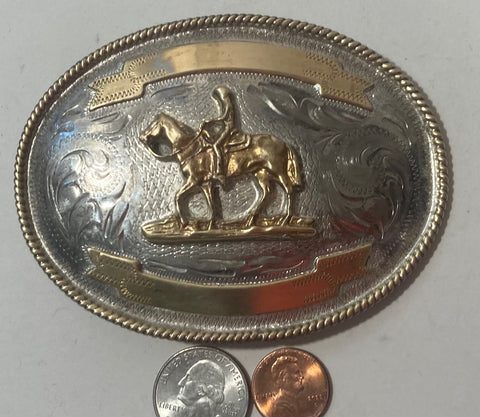 Vintage Metal Belt Buckle, Nice Silver and Brass Design, Cowboy On A Horse, Nice Design, 4" x 3", Heavy Duty, Quality, Thick Metal, For Belts, Fashion, Shelf Display, Western Wear, Southwest, Country, Fun, Nice