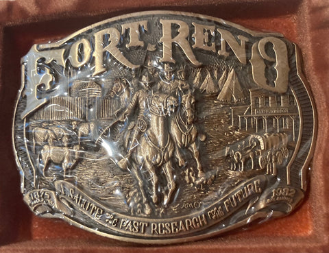 Vintage Metal Belt Buckle, Brass, Fort Reno, Darlington, Nice Design, 3 1/2" x 2 3/4", Heavy Duty, Quality, Thick Metal, Made in USA, For Belts, Fashion, Shelf Display, Western Wear, Southwest, Country, Fun, Nice