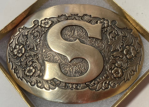 Vintage Metal Belt Buckle, Brass, Letter S, Initial S, Nice Design, 4" x 2 3/4", Heavy Duty, Quality, Thick Metal, Made in USA, For Belts, Fashion, Shelf Display, Western Wear, Southwest, Country, Fun, Nice
