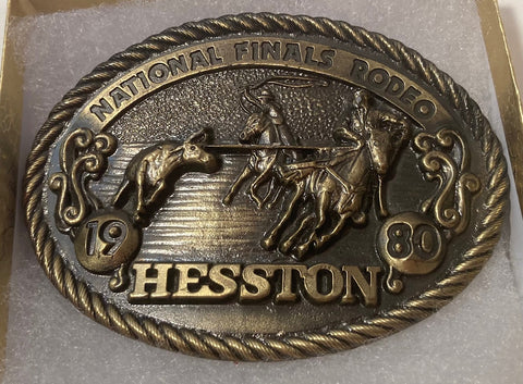 Vintage 1980 Metal Belt Buckle, Brass, Hesston, National Finals Rodeo, NFR, Nice Design, 3 1/2" x 2 1/2", Heavy Duty, Quality, Thick Metal, Made in USA, For Belts, Fashion, Shelf Display, Western Wear, Southwest, Country, Fun, Nice