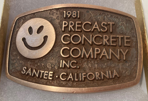 Vintage 1981 Metal Belt Buckle, Brass, Precast Concrete Company, Santee, Nice Design, 3 1/2" x 2 1/4", Heavy Duty, Quality, Thick Metal, Made in USA, For Belts, Fashion, Shelf Display, Western Wear, Southwest, Country, Fun, Nice