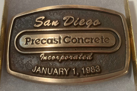 Vintage 1983 Metal Belt Buckle, Brass, San Diego Precast Concrete, Nice Design, 3 1/2" x 2 1/4", Heavy Duty, Quality, Thick Metal, Made in USA, For Belts, Fashion, Shelf Display, Western Wear, Southwest, Country, Fun, Nice