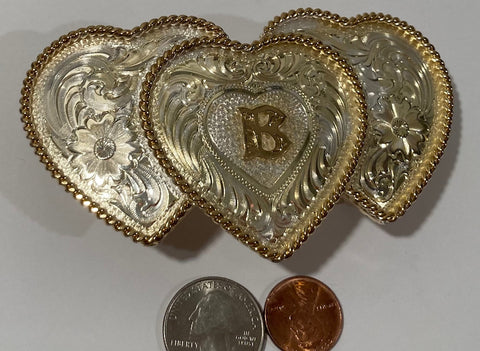 Vintage Metal Belt Buckle, Silver and Brass, Triple Hearts, Letter B, Initial B, Montana Silversmiths, Nice Design, 4 1/4" x 2 1/2", Heavy Duty, Quality, Thick Metal, Made in USA, For Belts, Fashion, Shelf Display, Western Wear, Southwest, Country, Fun,