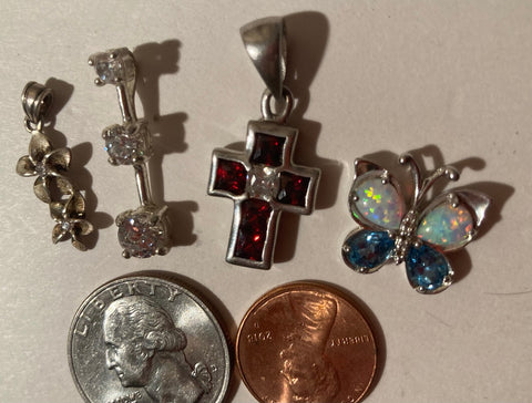 4 Vintage Sterling Silver 925 Metal Pendants, Charms, Cross, Crucifix, Red, Religious Symbol, Butterfly, More, Nice Designs, Pendants for Necklace, Bracelet, Ankle, Fashion, Quality, Precious Metal, Nice, Heavy Duty, Stamped 925 On Back