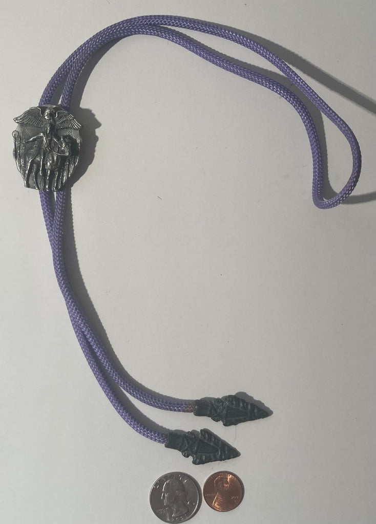 Vintage 1988 Metal Bolo Tie, Pewter, American, Indian, Feathers, Purple Cord, Western Wear, Nice Western Design, Quality, Heavy Duty, Made in USA, Country & Western, Cowboy, Western Wear, Horse, Apparel, Accessory, Tie, Nice Quality Fashion