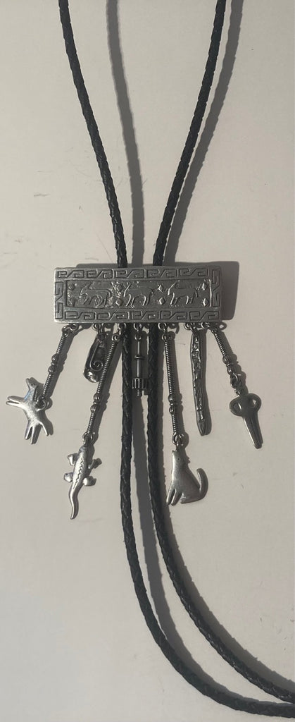 Vintage 1986 Metal Bolo Tie, Silver with Nice Hanging Designs, Handcrafted, Nice Western Design, 2 1/2" x 4", Quality, Heavy Duty, Made in USA, Country & Western, Cowboy, Western Wear, Horse, Apparel, Accessory, Tie, Nice Quality Fashion