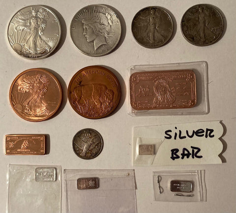 Lot of 13 Silver and Copper Coins and Bars, 1922 and More, Fine Silver, One Dollar, Golden State Mint