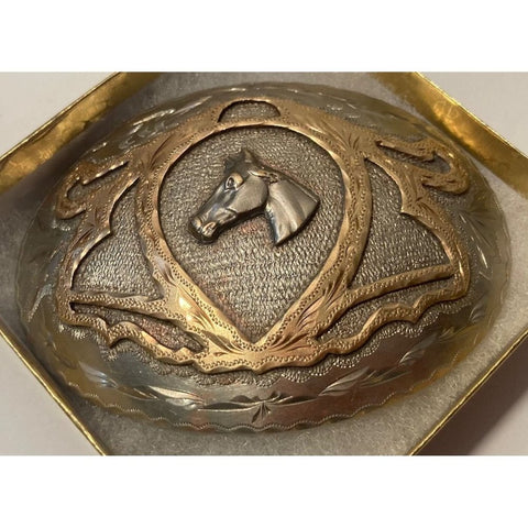 Vintage Metal Belt Buckle, Silver and Brass, Nice Horse Design, Rodeo,