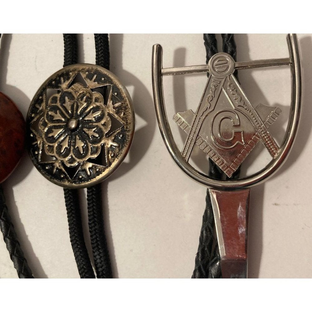 Vintage Lot of 4 Metal Bolo Ties, Nice Designs, Coin, Masonic, Stone