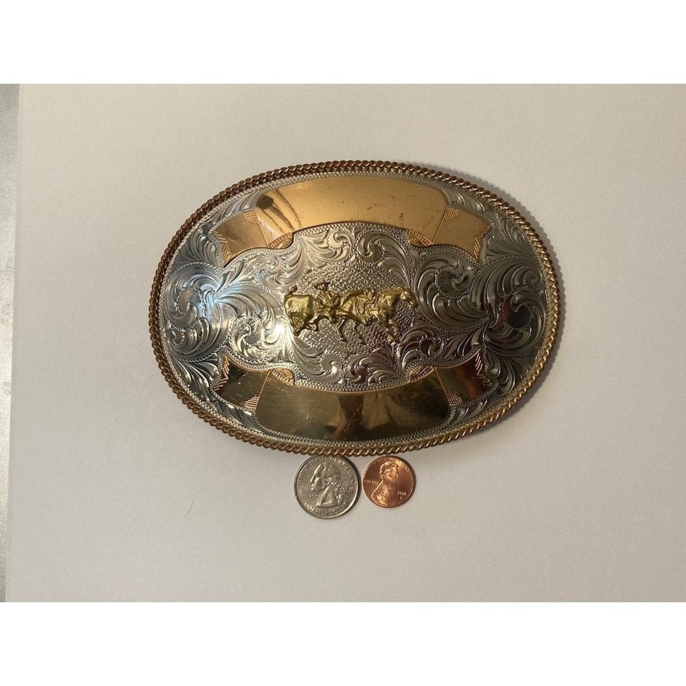 Vintage Metal Belt Buckle, Nickel Silver and Brass, Cow