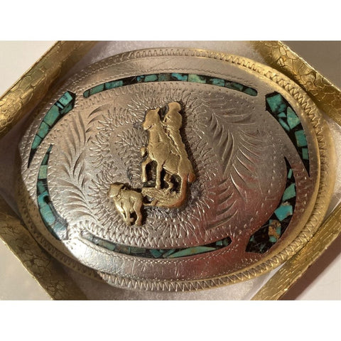 Vintage Metal Belt Buckle, Silver and Brass, with Nice Crushed Turquoise Stones