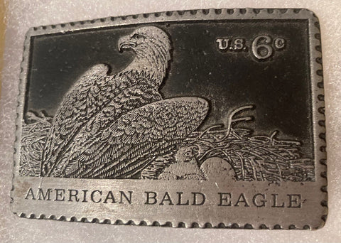 Vintage Metal Belt Buckle, American Bald Eagle, 6 Cents Postage, Stamp, Nice Design, 3" x 2", Heavy Duty, Quality, Thick Metal, Made in USA
