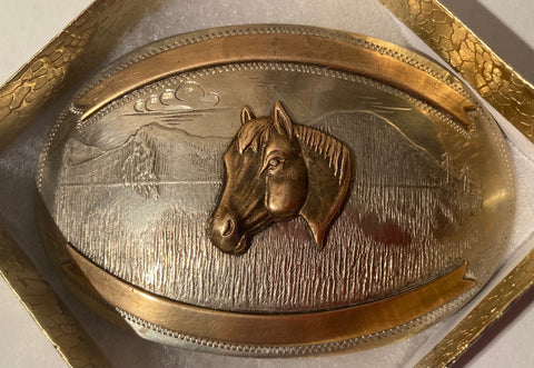 Vintage Metal Belt Buckle, German Silver and Brass, Horse, Irvine & Jachens, Nice Western Design, Cowboy, 3 3/4" x 2" 1/2 Heavy Duty, Quality, Thick Metal, Made in USA, For Belts, Fashion, Shelf Display, Western Wear, Southwest, Country, Fun, Nice