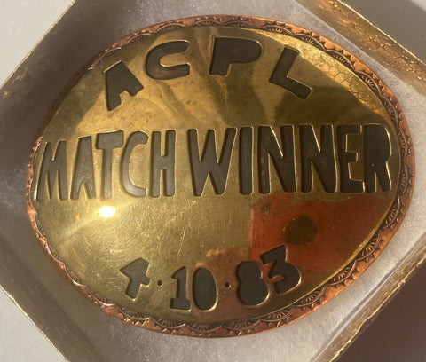 Vintage 1983 Metal Belt Buckle, ACPL Match Winner, Copper and Brass, Rodeo, Horse, Nice Western Style Design, 3 1/2" x 3", Heavy Duty, Quality, Thick Metal, Made in USA, For Belts, Fashion, Shelf Display, Western Wear, Southwest, Country, Fun, Nice