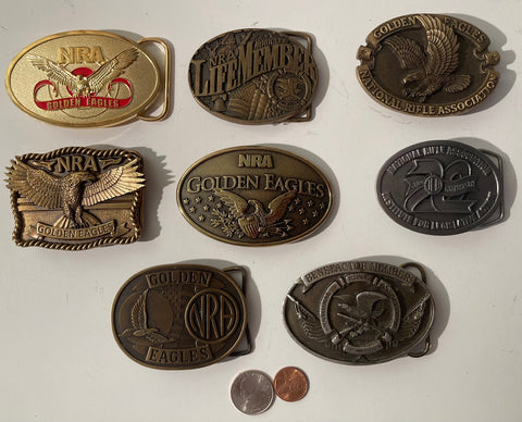Vintage Lot of 8 Nice Western Style Belt Buckles, NRA, National Rifle Association, 2nd Amendment, Life Member, The Right To Bear Arms, Protection, Cowboy, Rodeo, Country & Western, Art, Resell