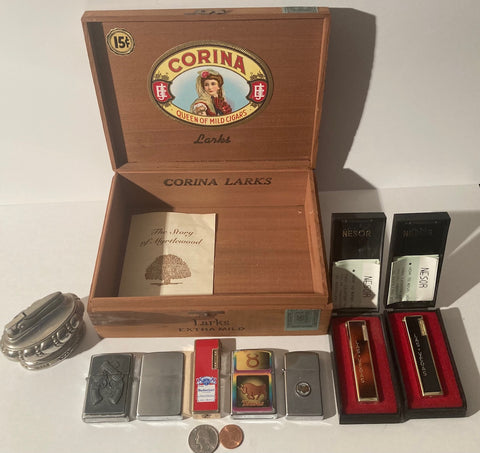 Vintage Lot of 8 Metal Lighters And A Cigar Box, Nesor, Las Vegas, Zippo, Budweiser, Table Lighter, Cigarettes, More