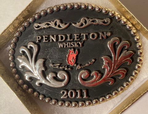 2011 Metal Belt Buckle, Pendleton Whiskey, Rodeo, 3 3/4" x 2 2/3", Heavy Duty, Made in USA, Quality, Name, Country & Western, Western Wear, For Belts, Fashion, Shelf Display, Fun, Nice.
