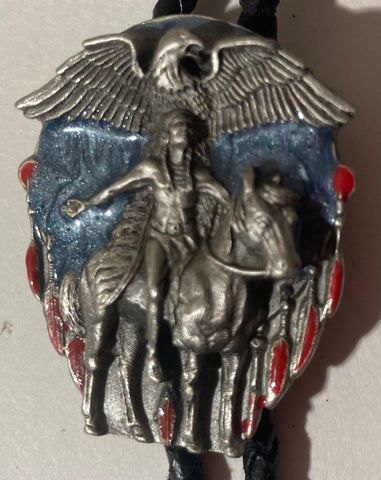 Vintage 1988 Metal Bolo Tie, Eagle, Native, Horse, Nice Design, 1 3/4" x 1 1/2", Nice Western Design, Quality, Heavy Duty, Made in USA, Country & Western, Cowboy, Western Wear, Horse, Apparel, Accessory, Tie, Nice Quality Fashion
