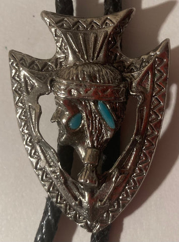 Vintage Metal Bolo Tie, Arrowhead with Blue Stones, Native Person Design, 2" x 1 1/2", Nice Western Design, Quality, Heavy Duty, Made in USA, Country & Western, Cowboy, Western Wear, Horse, Apparel, Accessory, Tie, Nice Quality Fashion