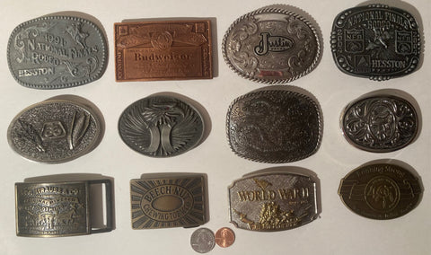 Vintage Lot of 12 Assorted Different Belt Buckles, National Finals Rodeo, Budweiser, Justin, Longhorn, Country & Western, Western Wear, Made in USA, Resell, For Belts, Fashion, Shelf Display, Nice Belt Buckles, Wholesale,