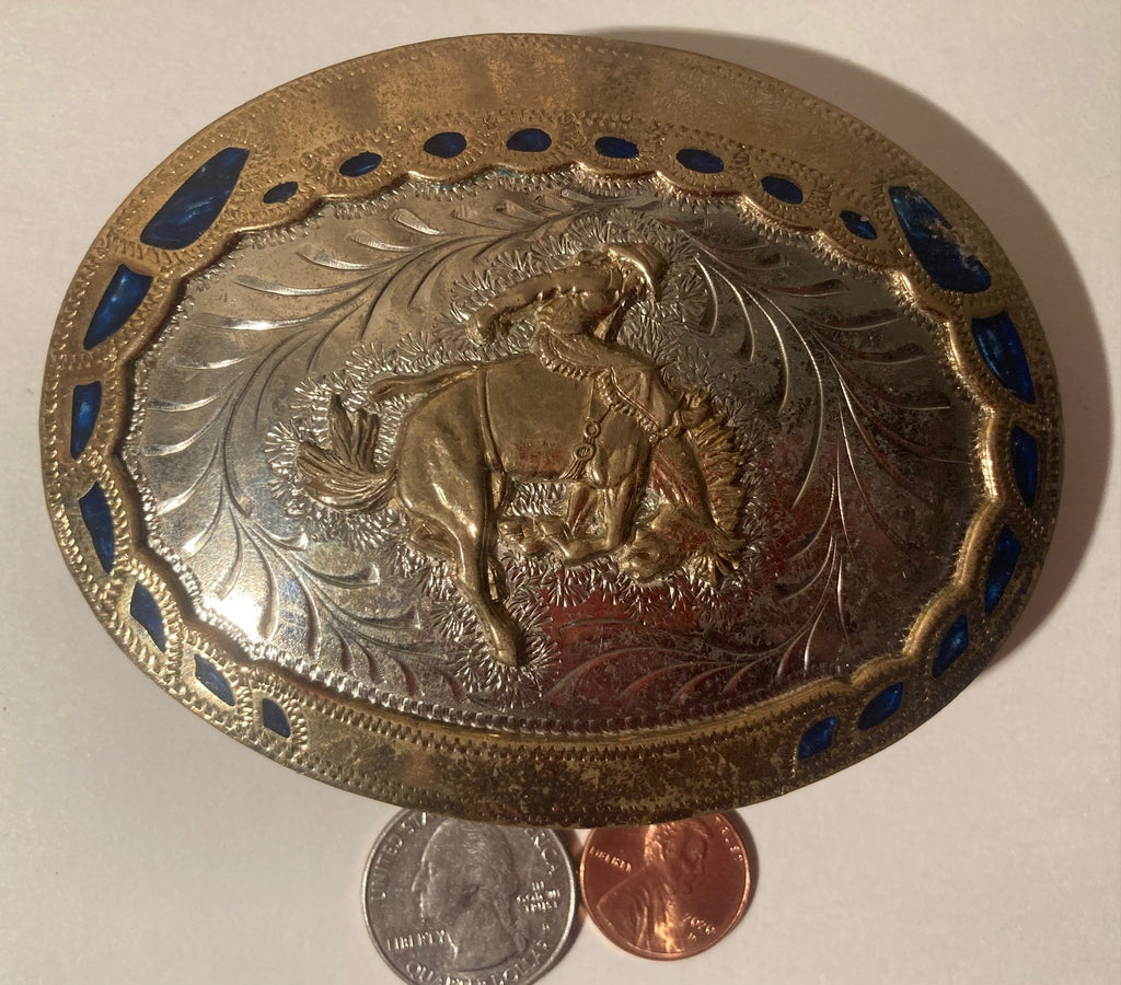 Vintage Metal Belt Buckle, Silver and Brass, Bronco Busting, Rodeo, Hand Engraved,  4" x 3", Heavy Duty, Quality, Made in USA, Country & Western, Western Wear, For Belts, Fashion, Shelf Display, Fun, Nice.