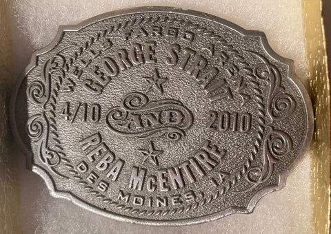 Metal Belt Buckle, George Strait and Reba McEntire Tour, Des Moines, Iowa,  3 1/2" x 2 1/2", Heavy Duty, Quality, Made in USA, Country & Western, Western Wear, For Belts, Fashion, Shelf Display, Fun, Nice.