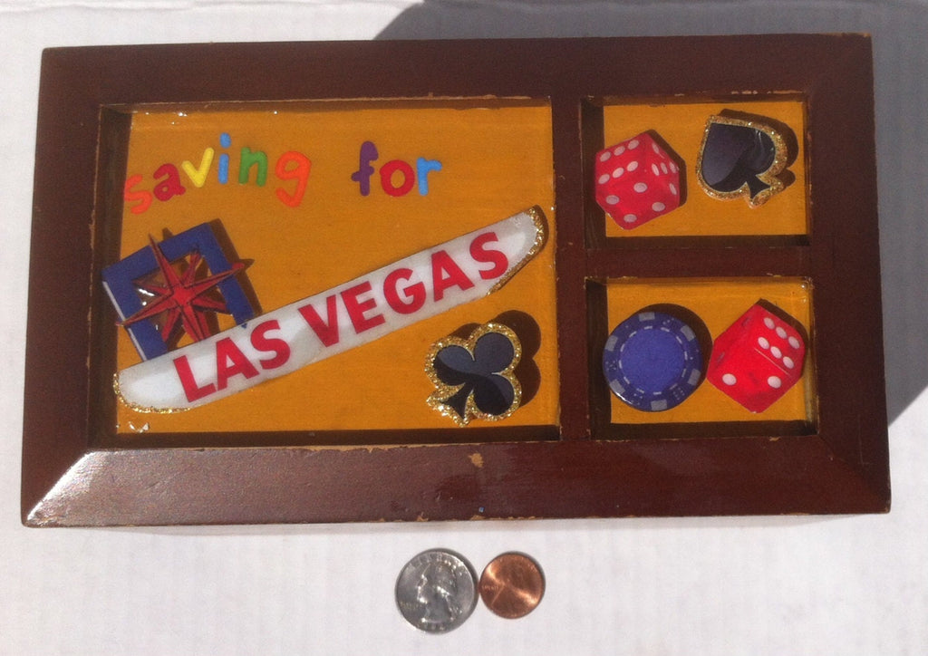 Vintage Wooden Storage Box, Jewelry Box, Sliding Top Box, Lave Vegas Dice, 3 Leaf Clover, quality wooden box, savings box