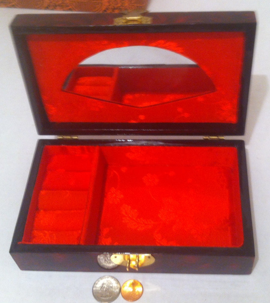 Vintage Wooden Box with Heart Shaped Windows with Intricate Design, Red Jewelry Box Inside, 8 x 5 x 2 1/2, Quality Jewelry Box in Original