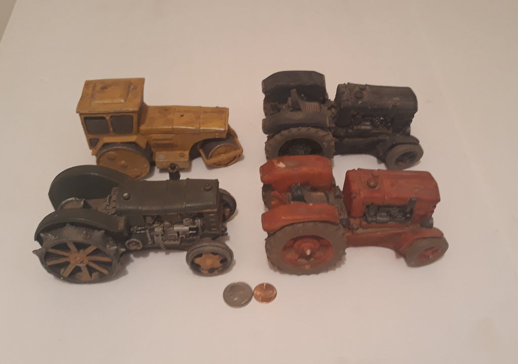4 Vintage Heavy Duty Resin Old Time Tractors, Each One is 1 1/2 Pounds, Quality, Detailed Engine, Garden Decor, Shelf Display, Fun.