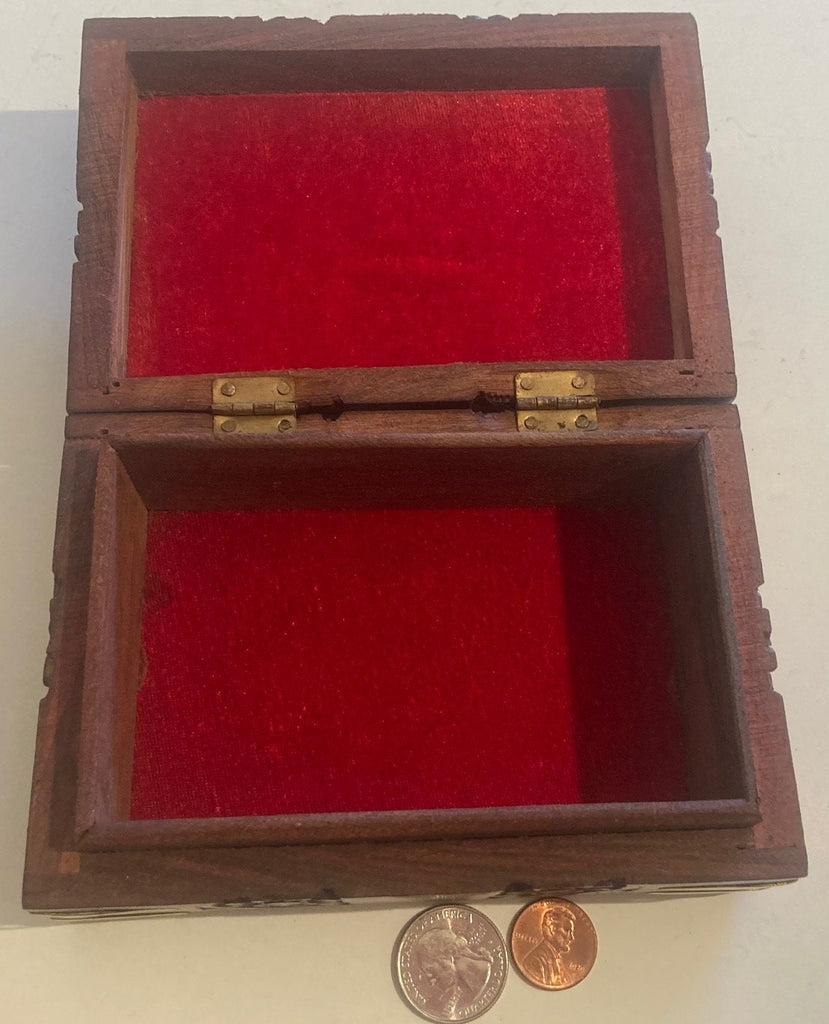 Vintage Wooden and Brass Storage Box, Stash Box, Red Velvet, 6" x 4" x 2 1/2", Hand Carved, Quality Hardwood, Jewelry, Storage