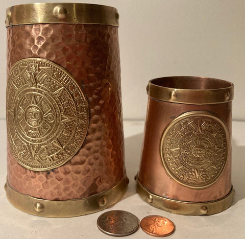 2 Vintage Copper and Brass Mugs with Handles, Sun Calendar, Aztec, Hammered Copper, Quality, Heavy Duty, Bar Decor, Kitchen Decor