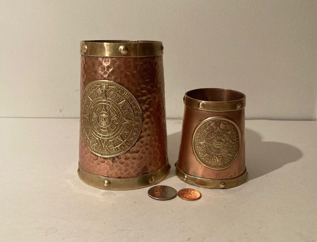 2 Vintage Copper and Brass Mugs with Handles, Sun Calendar, Aztec, Hammered Copper, Quality, Heavy Duty, Bar Decor, Kitchen Decor