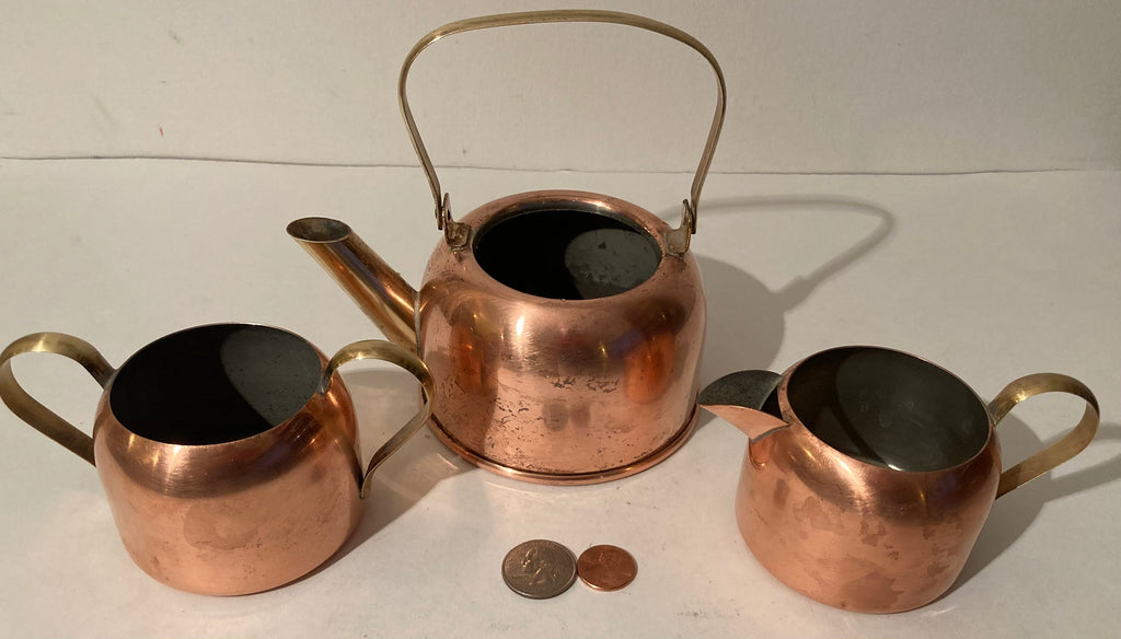 3 Vintage Copper and Metal Sugar, Cream, More, Kitchen Decor, Table Display, Shelf Display, These Can Be Shined Up Even More