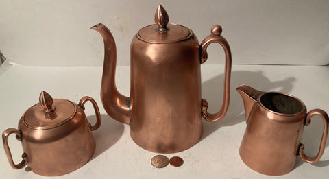 Vintage Set of 3 Nice Quality Copper Tea Set, Coffee Pot, Sugar, Cream, Heavy Duty, Quality, Use It, Kitchen Decor, Table Display
