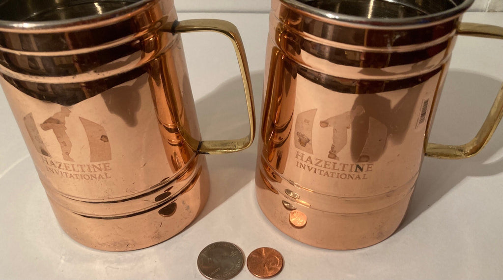 2 VIntage Metal Copper and Brass Cups, Mugs, Hazeltine Invitational Golf Club, Engraved, Quality, Bar Decor, Kitchen Decor, Use Them