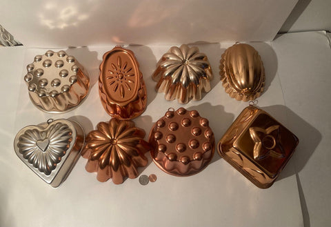 8 Vintage Metal Copper Colored Jello Molds, Kitchen Decor, Cooking, Hanging Display, Shelf Displays, Free Shipping in the U.S.