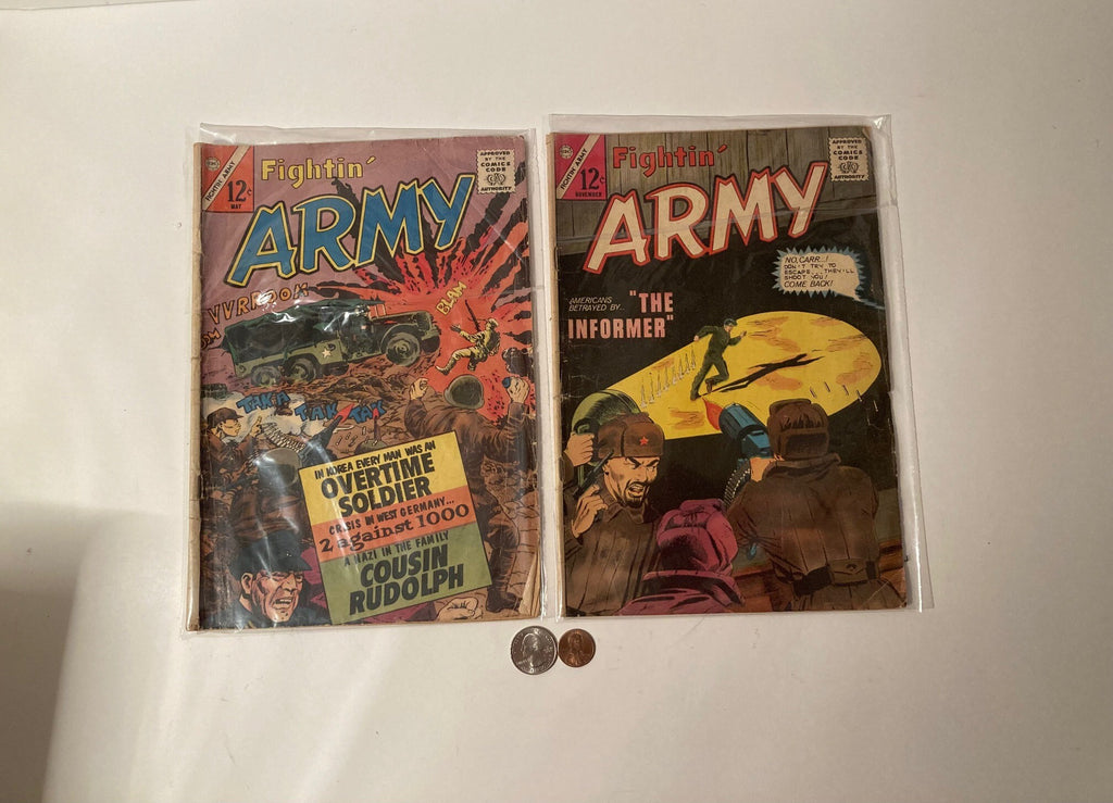 2 Vintage 1958 Comic Books, Fightin' Army, Fun Ads, Just Normal Used and Read Comic Books for Fun, Enjoyment, Nostalgia