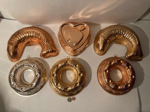 6 Vintage Metal Copper Colored Jello Molds, Kitchen Decor, Cooking, Hanging Display, Shelf Displays, Free Shipping in the U.S.
