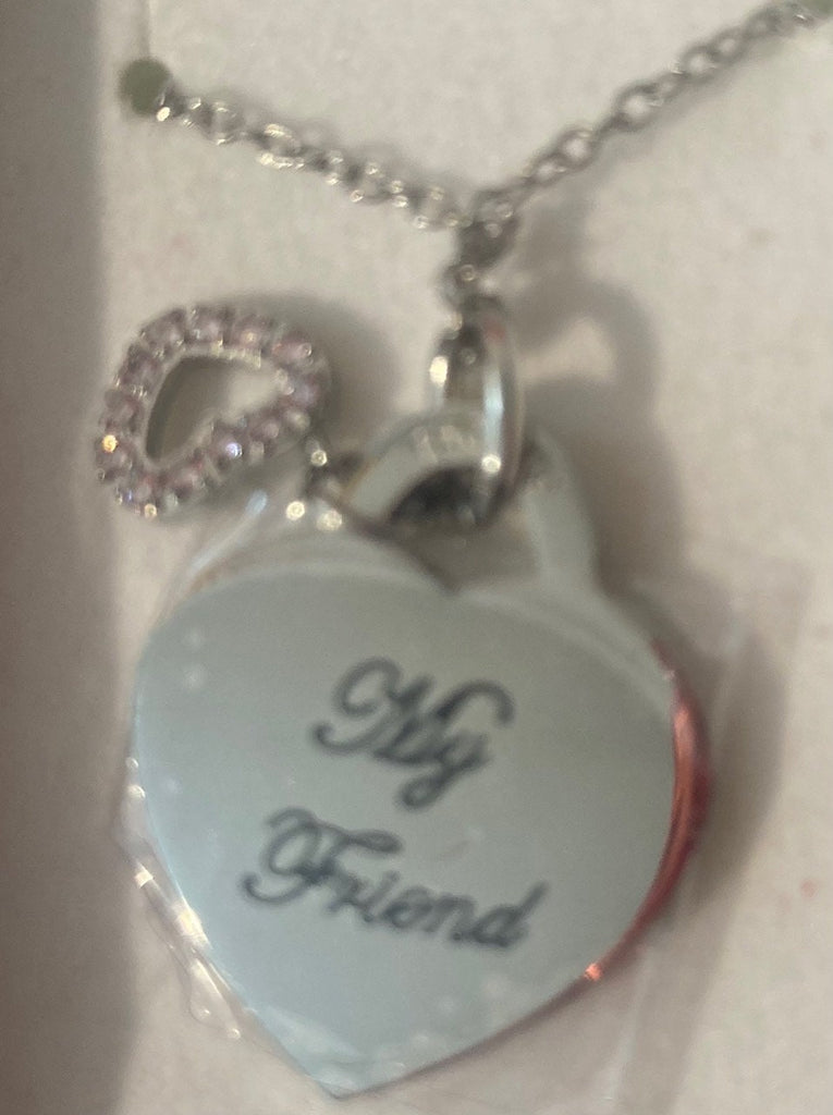 Sister Heart Shaped Charm Pendant Necklace, 750PYU, Double Sided, My Sister, My Friend, Mini Heart with Pink Crystal Stones, Quality, Nice